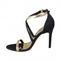 Chaussure ouverte pour femmes avec courroie croisé en satin noir et cuir or talon 9 - Pointures disponibles:  43