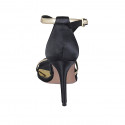 Woman's open shoe with crossed strap in black satin and gold leather heel 9 - Available sizes:  34, 43