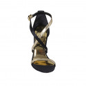 Woman's open shoe with crossed strap in black satin and gold leather heel 9 - Available sizes:  34, 43