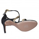 Zapato abierto con cinturon cruzado para mujer en satén negro y piel oro tacon 9 - Tallas disponibles:  34, 43
