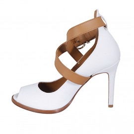 Woman's open shoe in white denim fabric and cognac brown leather with crossed strap heel 10 - Available sizes:  34, 42, 43 2