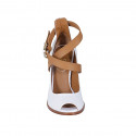 Woman's open shoe in white denim fabric and cognac brown leather with crossed strap heel 10 - Available sizes:  32, 33, 34, 42, 43