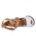 Woman's open shoe in white denim fabric and cognac brown leather with crossed strap heel 10 - Available sizes:  32, 33, 34, 42, 43