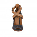 Woman's open shoe in black denim fabric and cognac brown leather with crossed strap heel 10 - Available sizes:  32, 33, 34, 42, 43, 44