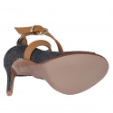 Woman's open shoe in black denim fabric and tan brown leather with crossed strap heel 10 - Available sizes:  32, 33, 34, 42, 43, 44