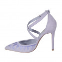 Woman's pointy open shoe with crossed strap in lilac embroidered suede heel 10 - Available sizes:  32, 33, 34, 42, 43, 44