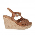 Woman's strap sandal in cognac braided leather with platform and wedge heel 9 - Available sizes:  43, 44, 45