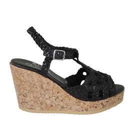 Sandale pour femmes en cuir tressé noir avec courroie, plateforme et talon compensé 9 - Pointures disponibles: 43, 44, 45