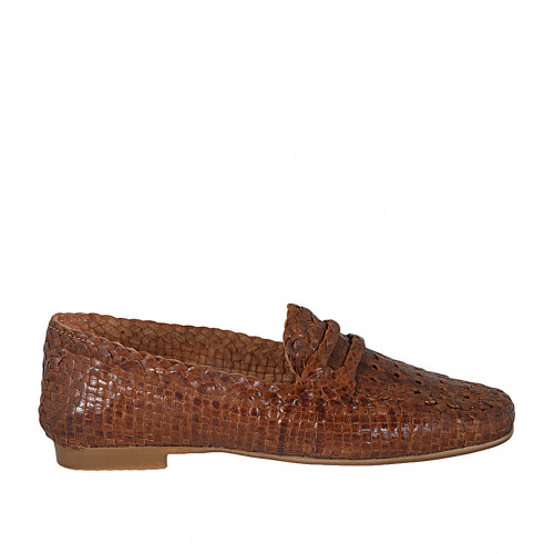 Woman's loafer in cognac brown braided leather with heel 1 - Available sizes:  34, 44, 45