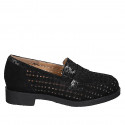 Woman's loafer with removable insole in black pierced and printed suede heel 3 - Available sizes:  31, 34, 43, 45