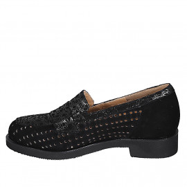 Woman's loafer with removable insole in black pierced and printed suede heel 3 - Available sizes:  31 2
