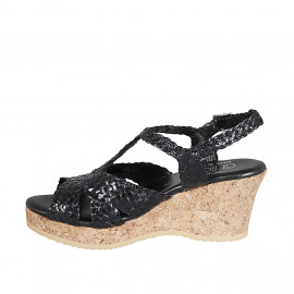 Woman's sandal in black braided leather with platform and wedge heel 7 - Available sizes:  42, 43 2