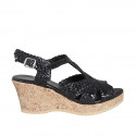 Woman's sandal in black braided leather with platform and wedge heel 7 - Available sizes:  42, 43, 44