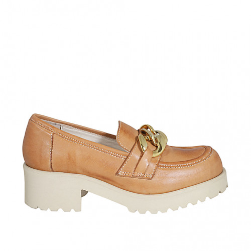Woman's loafer in cognac brown leather with chain heel 5 - Available sizes:  42, 45