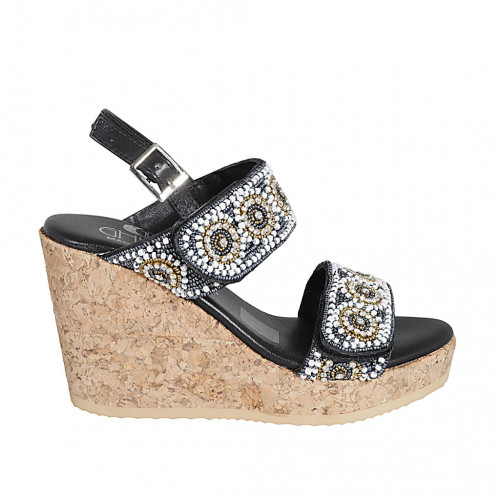 Woman's sandal in black leather with velcro straps, beads and wedge heel 9 - Available sizes:  43