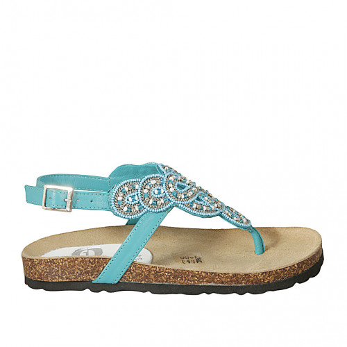 Woman's thong sandal in turquoise leather with beads wedge heel 2 - Available sizes:  42