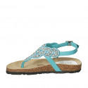 Woman's thong sandal in turquoise leather with beads wedge heel 2 - Available sizes:  42