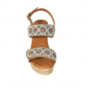 Woman's sandal in cognac brown leather with velcro straps, beads and wedge heel 9 - Available sizes:  42, 44