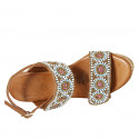 Woman's sandal in tan brown leather with velcro straps, beads and wedge heel 9 - Available sizes:  42, 43, 44