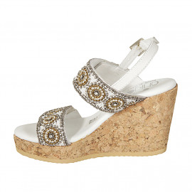 Woman's sandal in white leather with velcro straps, rhinestones and wedge heel 9 - Available sizes:  43 2