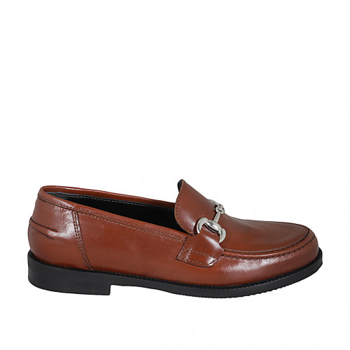 Woman's loafer in cognac brown leather with accessory heel 2 - Available sizes:  42, 43, 45