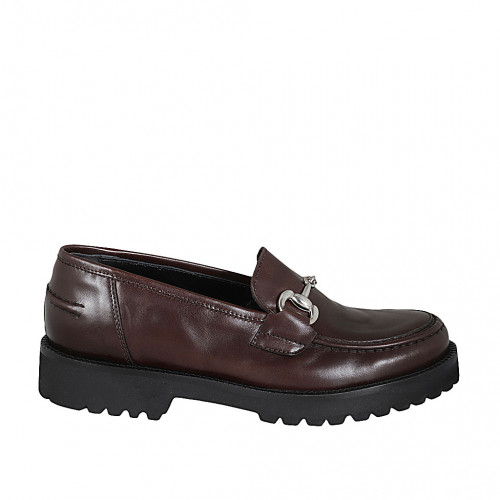 Woman's loafer with accessory in brown leather heel 3 - Available sizes:  32, 33, 45