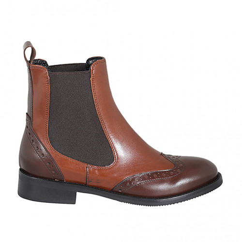 Woman's ankle boot with elastic bands and wingtip in cognac brown and dark brown leather heel 3 - Available sizes:  32, 45, 46