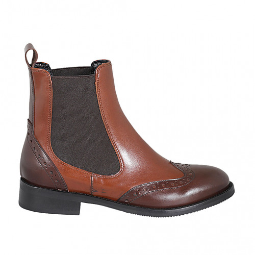 Woman's ankle boot with elastic bands and wingtip in tan brown and dark brown leather heel 3 - Available sizes:  32, 45, 46