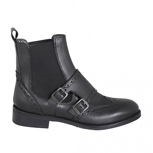 Woman's ankle boot with elastic bands, double monk strap and wingtip in black leather heel 3 - Available sizes:  33, 45