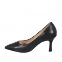 Women's pointy pump in black leather heel 7 - Available sizes:  43, 45