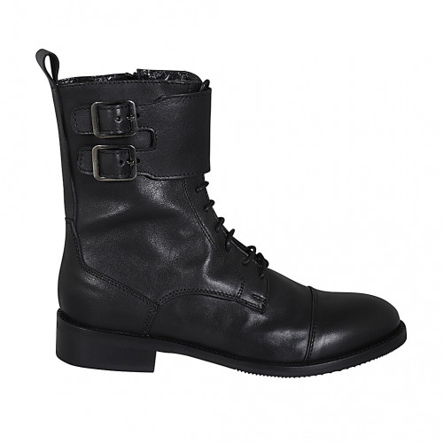 Botin para mujer con cordones, puntera, hebillas y cremallera en piel negra tacon 3 - Tallas disponibles:  32, 33, 44, 47