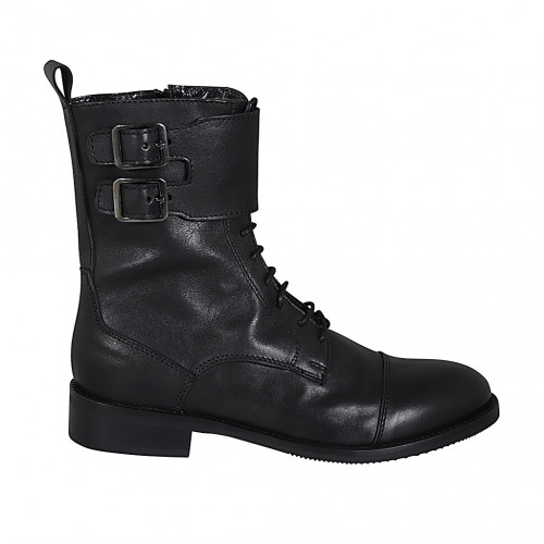 Woman's laced ankle boot with zipper, captoe and buckles in black leather heel 3 - Available sizes:  32, 33, 44, 47