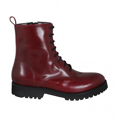 Woman's laced ankle boot with zipper in maroon leather heel 3 - Available sizes:  45
