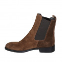 Woman's ankle boot in tan brown suede with elastic bands heel 3 - Available sizes:  33, 43