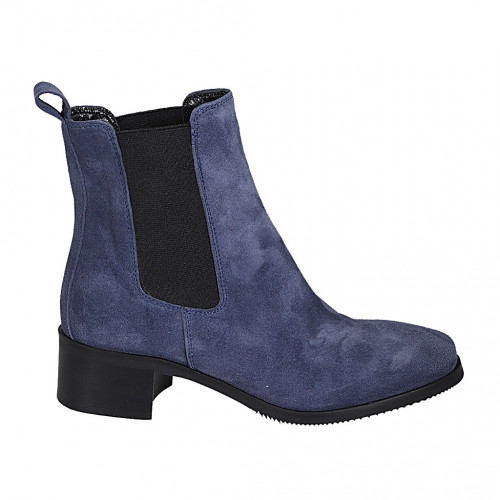 Woman's ankle boot with elastic bands and squared tip in blue suede heel 4 - Available sizes:  33, 43, 46