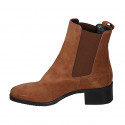 Woman's ankle boot with elastic bands and squared tip in tan brown suede heel 4 - Available sizes:  33, 43, 44, 46