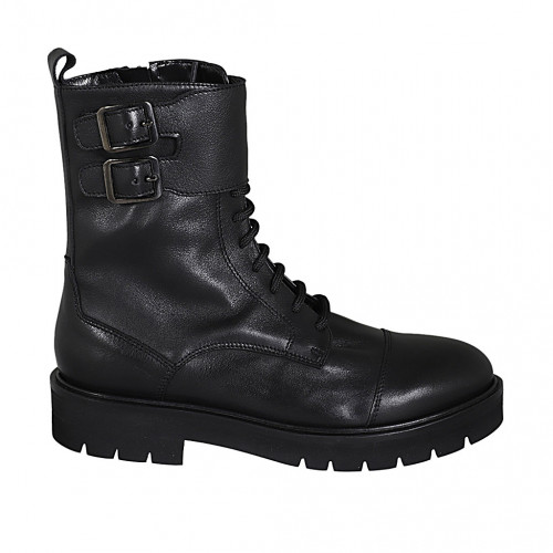 Woman's laced combat style ankle boot with zipper, captoe and buckles in black leather heel 3 - Available sizes:  32, 33