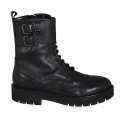 Woman's laced combat style ankle boot with zipper, captoe and buckles in black leather heel 3 - Available sizes:  32, 33