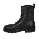 Woman's laced combat style ankle boot with zipper, captoe and buckles in black leather heel 3 - Available sizes:  32, 33
