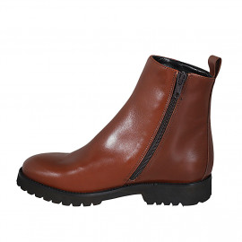 Woman's ankle boot with zipper in cognac brown smooth leather heel 3 - Available sizes:  44 2