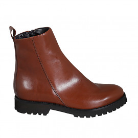 Woman's ankle boot with zipper in cognac brown smooth leather heel 3 - Available sizes: 33, 44, 45