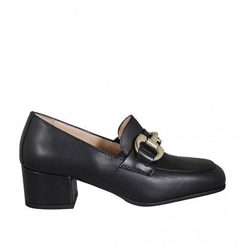 Woman's mocassin with accessory and elastic bands in black leather heel 5 - Available sizes:  42, 43, 44, 45
