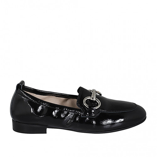 Woman's loafer with elastic band and accessory in black patent leather heel 2 - Available sizes:  33, 44