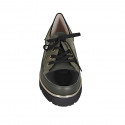 Woman's laced shoe with zipper in green leather and suede and black patent leather wedge heel 4 - Available sizes:  44, 45
