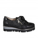 Woman's laced shoe with zipper in black leather, suede and patent leather wedge heel 4 - Available sizes:  32, 42, 43, 44