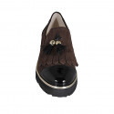 Woman's highfronted shoe with elastic bands, fringes and tassels in brown suede and black patent leather wedge heel 4 - Available sizes:  34, 45, 46