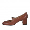 Woman's pump with strap in tan brown leather block heel 6 - Available sizes:  45