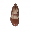 Woman's pump with strap in tan brown leather block heel 6 - Available sizes:  45