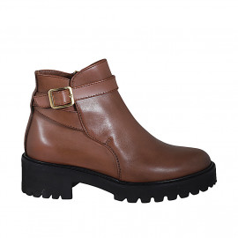 Woman's ankle boot with buckle and zipper in cognac brown leather heel 5 - Available sizes:  42, 43, 44, 45