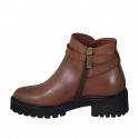 Woman's ankle boot with buckle and zipper in tan brown leather heel 5 - Available sizes:  42, 43, 44, 45